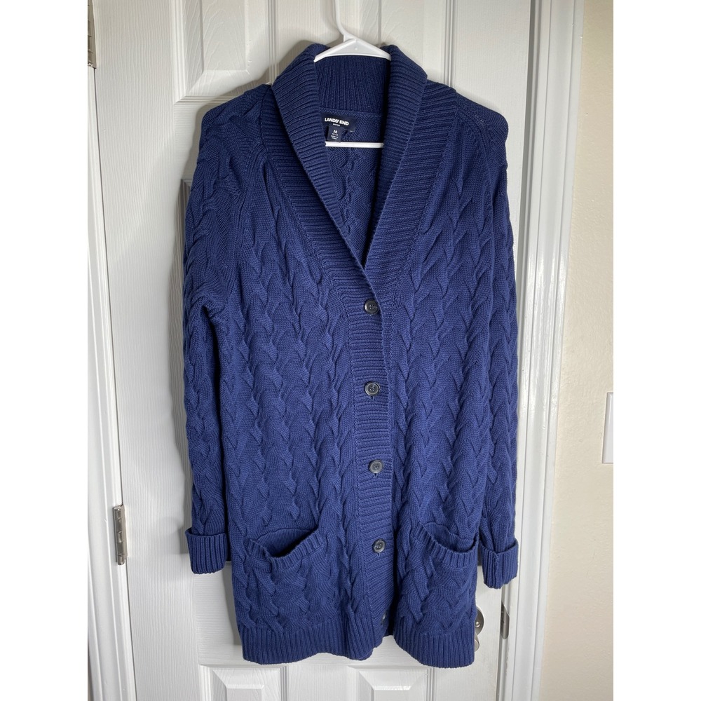 Lands End Womens Blue Cable Knit Shawl Collar Button Cardigan Sweater M 10-12